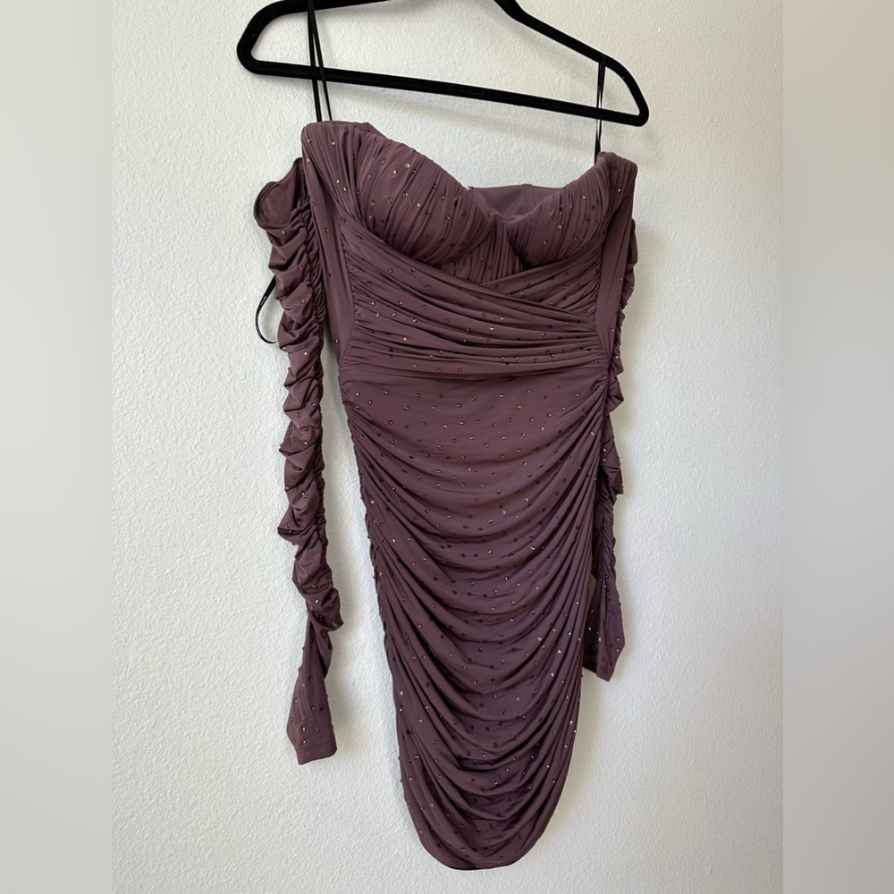 Alex Perry Koda Crystal Brown Dusty Rose  Mini Dress - Picture 7 of 11